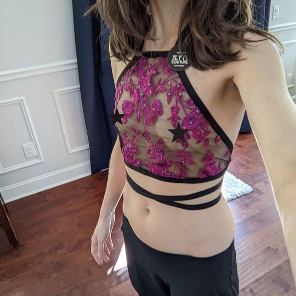 The LYTE Couture Floral Sequin Sheer Lace Halter Top - Picture 4 of 5